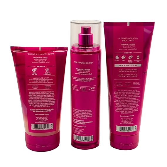 Bath & Body Works PERFECT IN PINK Fine Fragrance Mist, Ultimate Hydration Body Cream & Foaming Sugar Body Scrub 3-piece Gift Set with a Blue Bow for Holidays Full Size