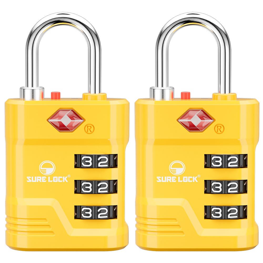 SURE LOCK TSA Approved Luggage Lock, Yellow, 2 Pack