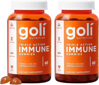 Goli Triple Action Immune Gummies with Vitamin C, D, Zinc - Elderberry Extract, Echinacea, Turmeric, Ginger - Vegan, Non-GMO, Gluten-Free - 120 Count Pack of 2