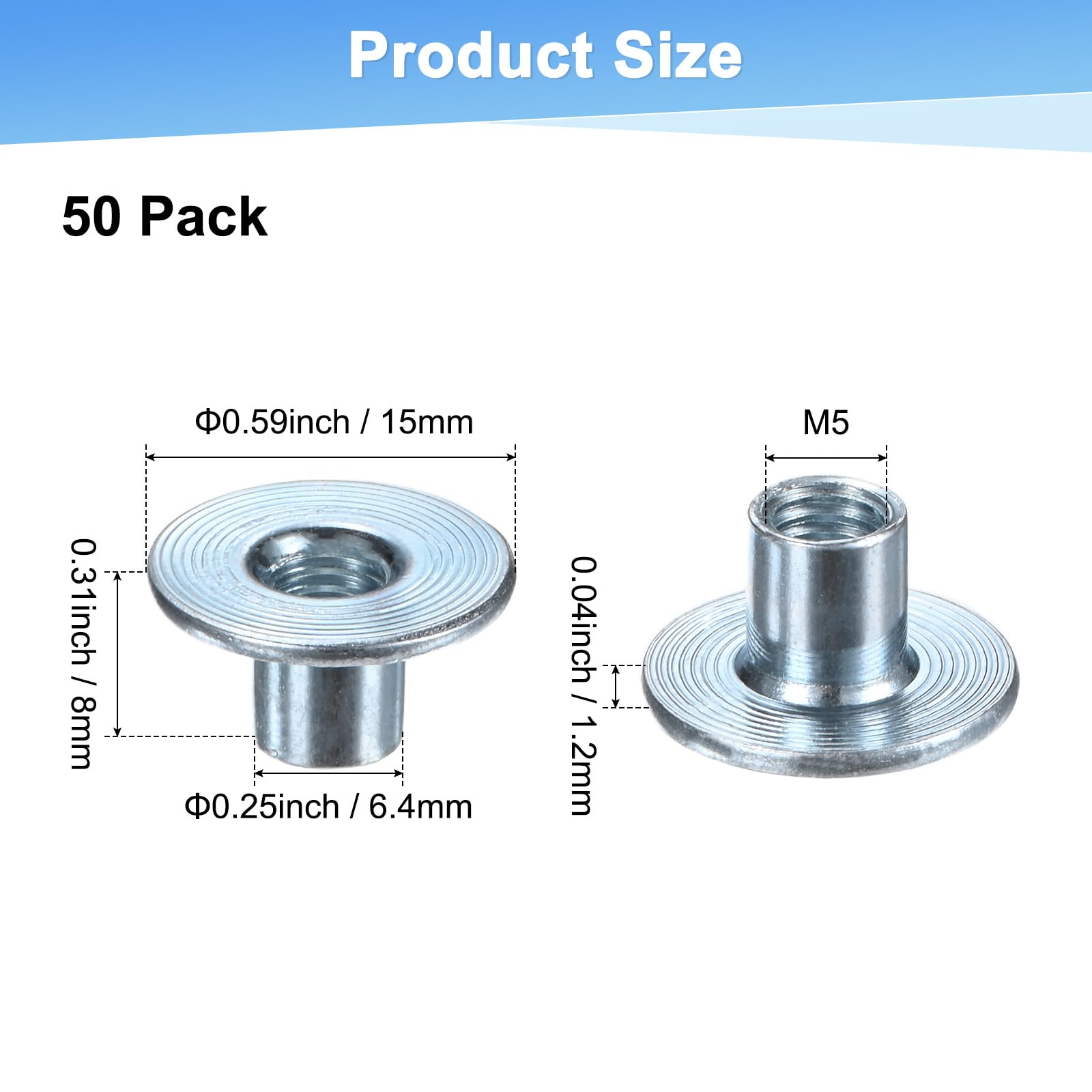 M METERXITY 50-Pack Dadi A T M5x8mm Zincati In Acciaio Al Carbonio Dado A T Base Rotonda Dadi Per Saldatura Foro Passante Hardware Per Mobili Flangia Filettatura Femmina Argento