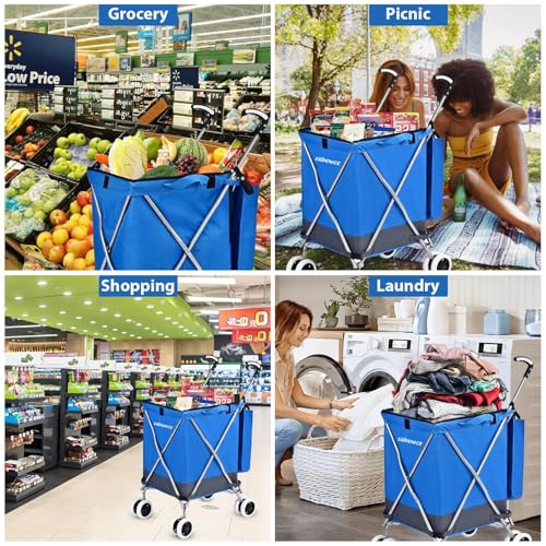 Image of Shopping Carts for Groceries Foldable Rolling Trolley with 360 Double Front Swivel Wheels Waterproof Removable Canvas Liner with Cover for Laundry Grocery, Baggage, Picnic