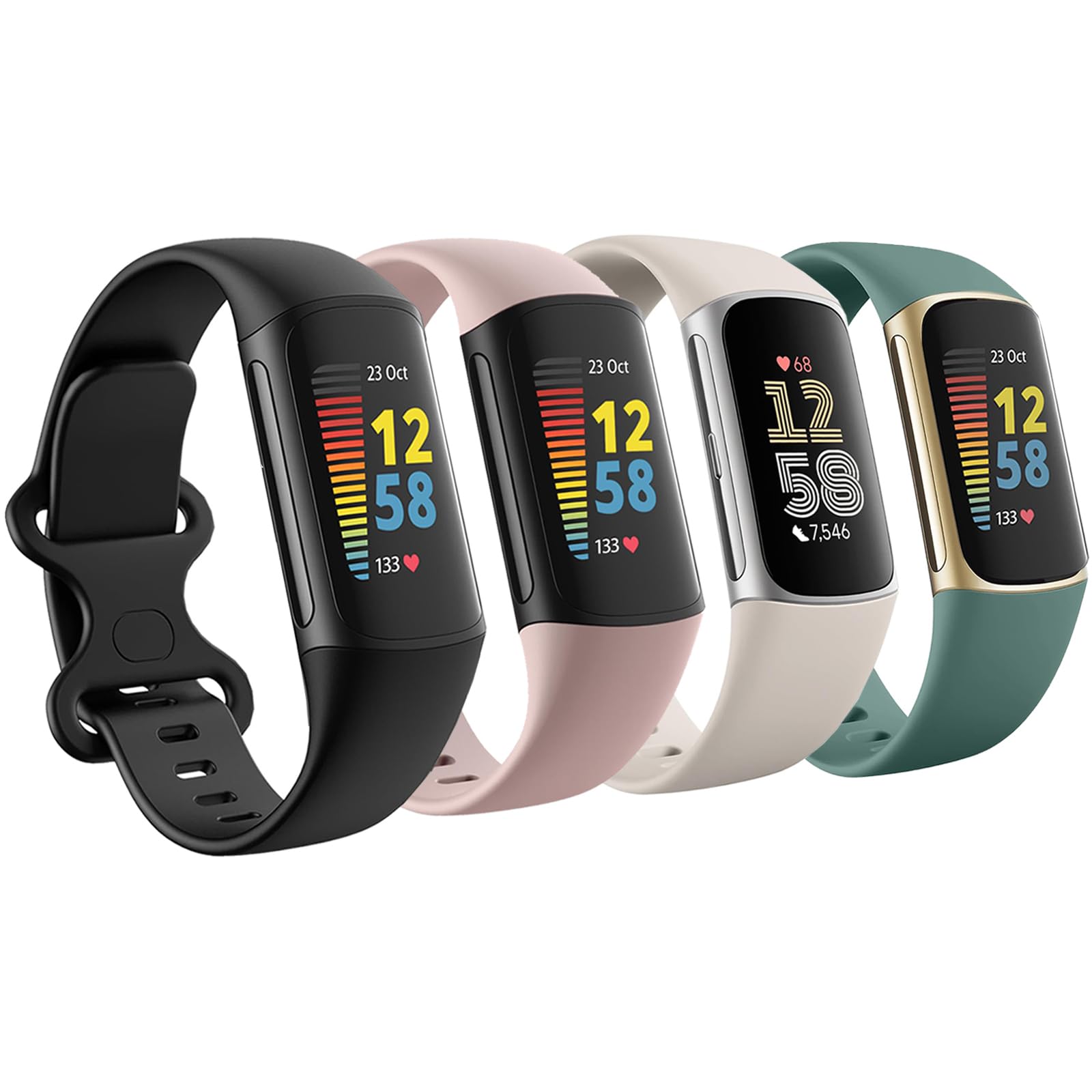 Newremote 4 Pack Waterproof Straps fit for Fitbit Charge 5 / Fitbit Charge 6 Straps for Women Men, Classic Soft Sports Replacement Strap for Women Men (Black/Pink/Starlight/Green, Large 7.1''-9.1'')