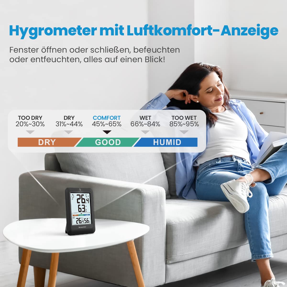 Newentor MAX MIN Thermometer innen außen 24/48 Std./alle Zeiten - Hygrometer Innen mit Luftkomfort - Wetterstation Funk mit Außensensor - Raumthermometer mit Beleuchtung, Schwarz, 1*Außensensor