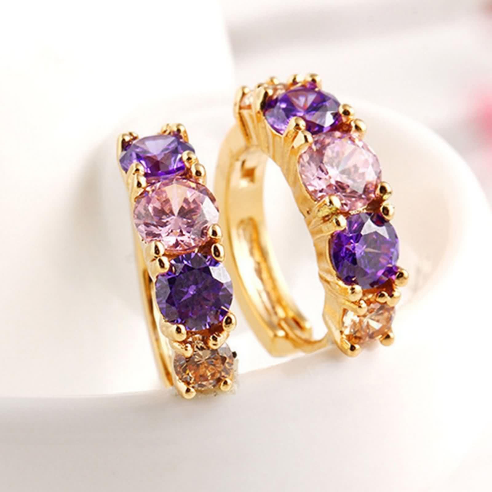 Pendientes de aro para mujer, oro amarillo de 14 quilates, Au585, multicolor, amatista rosa, cristal aro, pendientes de aro para mujer, pequeños pendientes de oro de 14 quilates