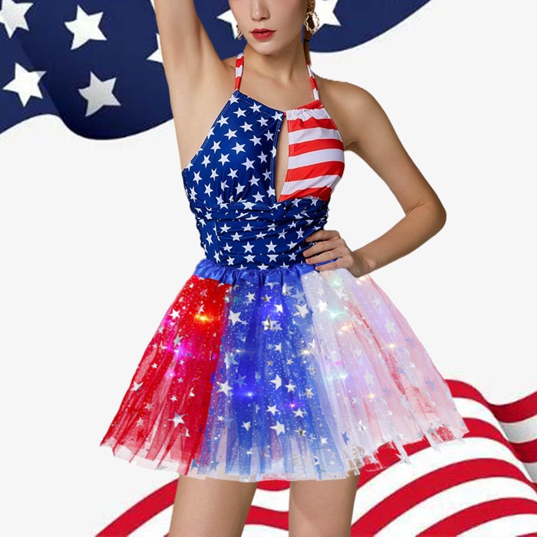 Light Up 4th of July Tutu Skirt Sparkly Independence Day Tutu Skirts Layered Tulle Dance Skirt for Women and Girls
