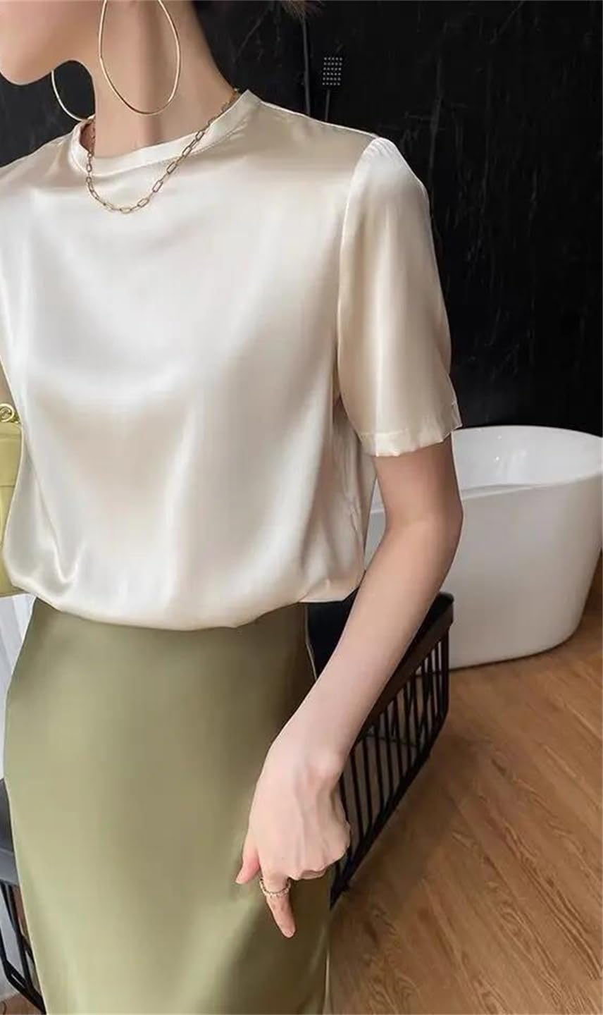 T-shirt da donna in raso di seta a maniche corte stile coreano estate elegante top tinta unita camicia casual allentata