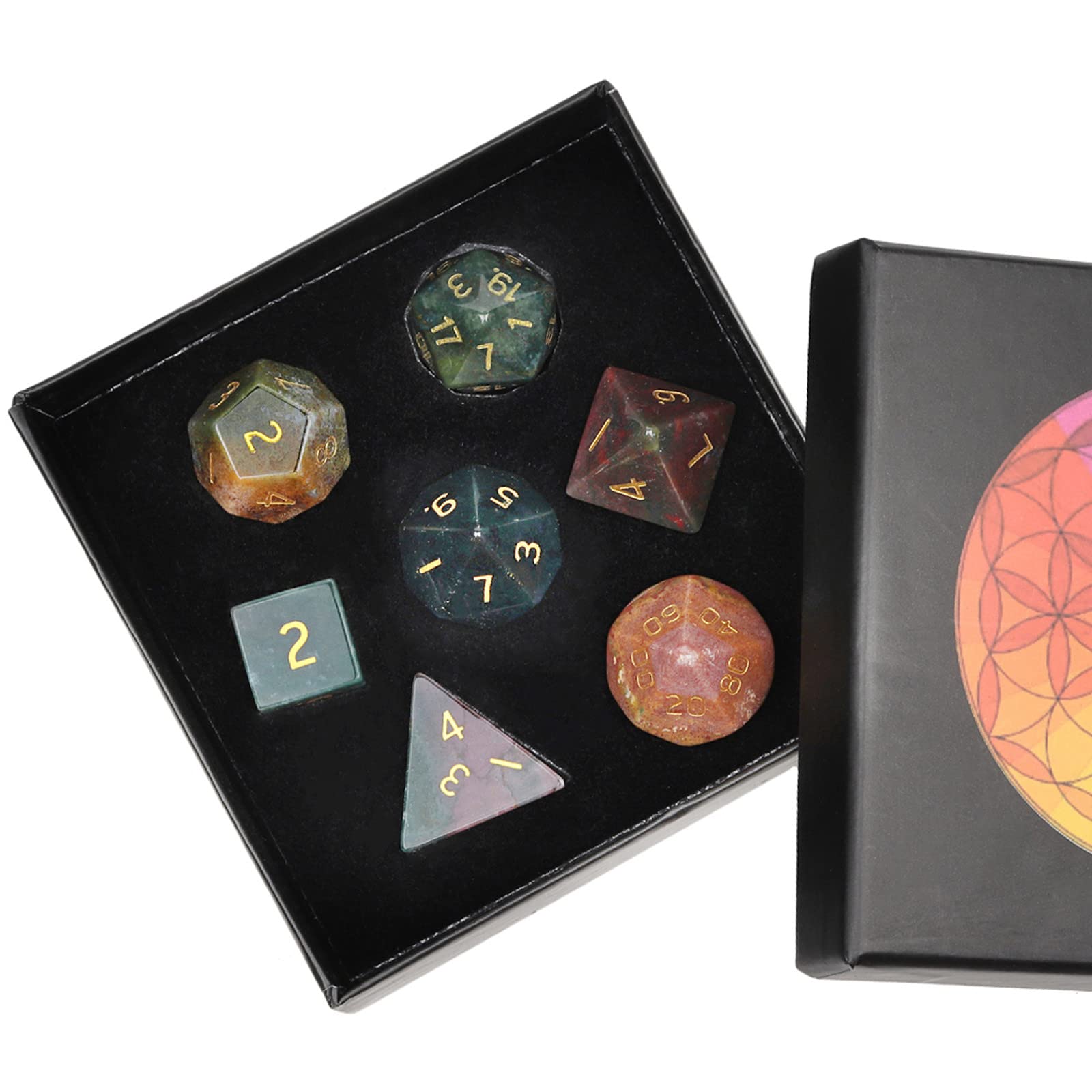 Nupuyai 7pcs Indian Agate Crystal Polyhedral DND Dice Set for RPG MTG Table Games, Polished Tumbled Stones Dices with Box for Home Decor