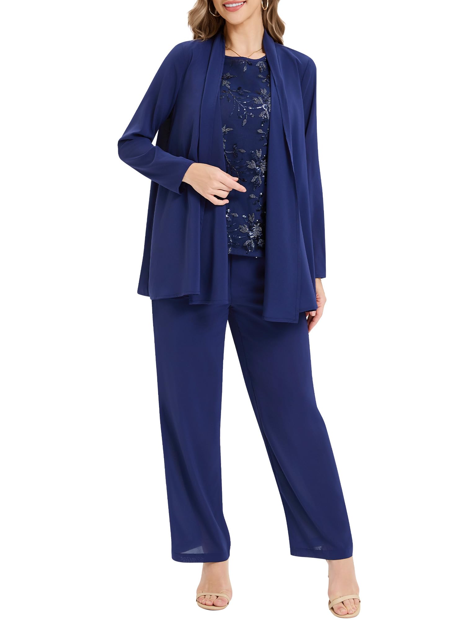 Womens 3 Pieces Lace Pants Suits Elegant Mother of Bride Sequin Tank Top Dressy Suit Sets for Wedding