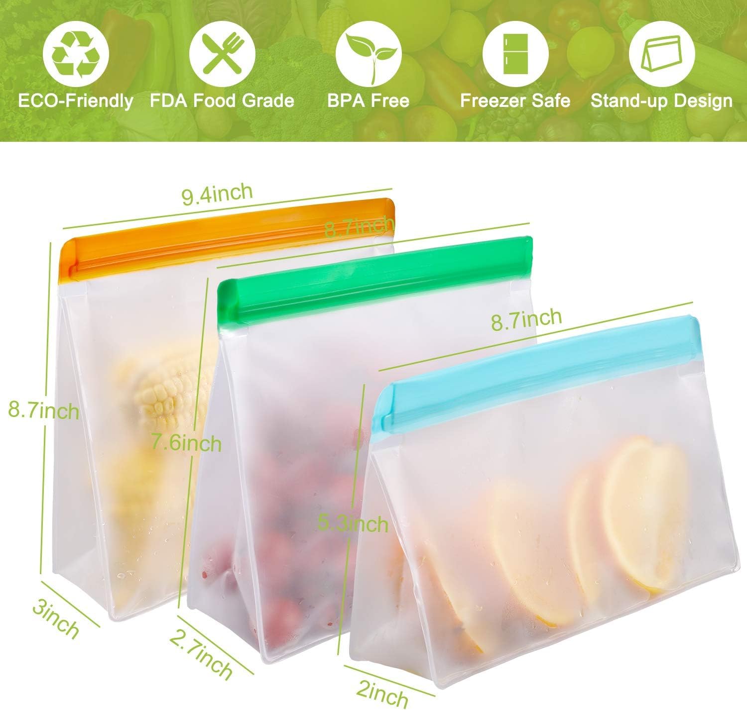 Veg Bags 12 Pack - Food Safe & Leakproof -7 Veg Bags 12 Pack - Food Safe & Leakproof -7