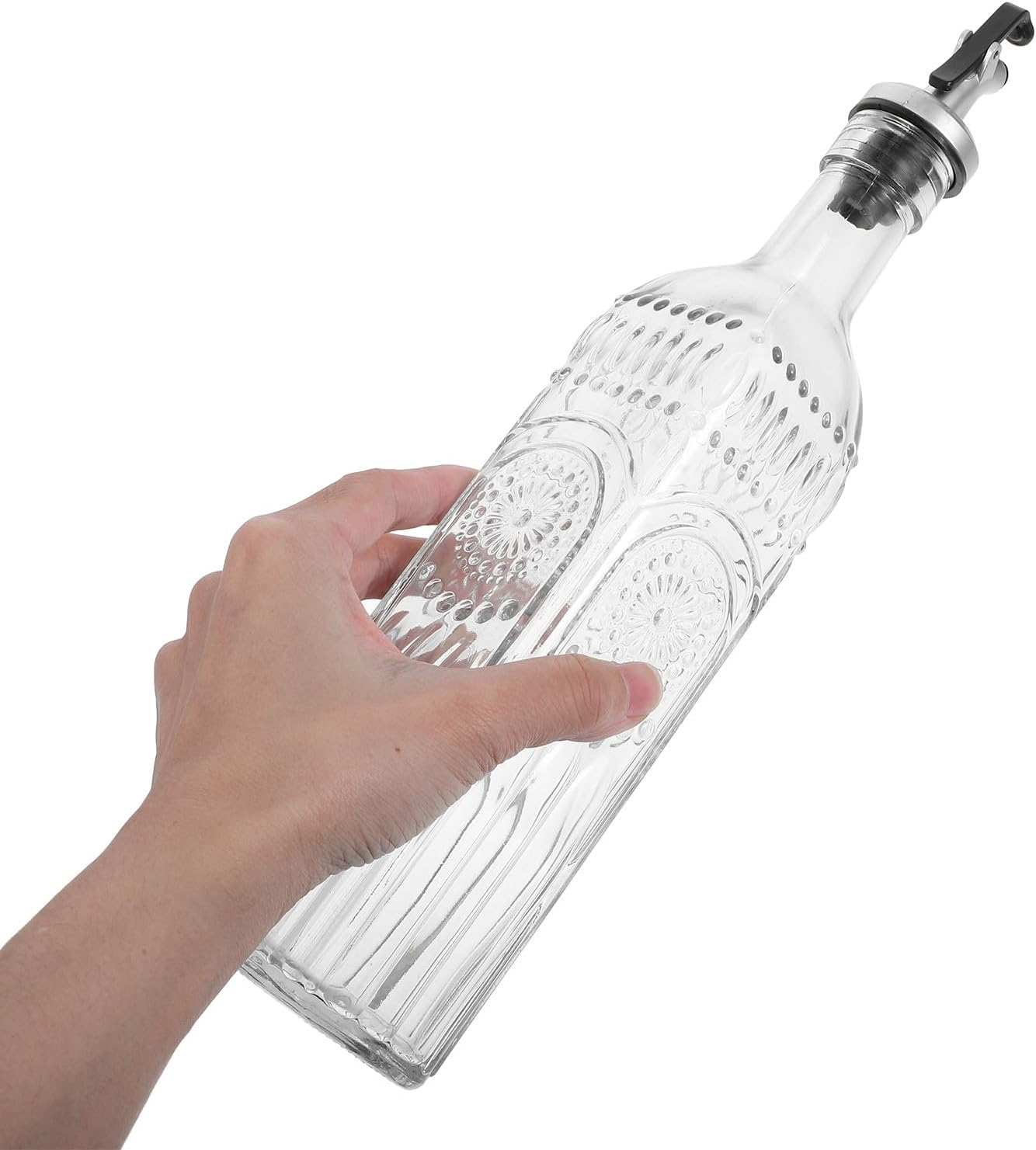 Lurrose Glass Oil Dispenser Bottle with Decorative Pattern Spout, 500ml Square Glass Bottle for Olive Oil, Vinegar, and Cooking Liquids, Leak-resistant Kitchen Container for Home Use