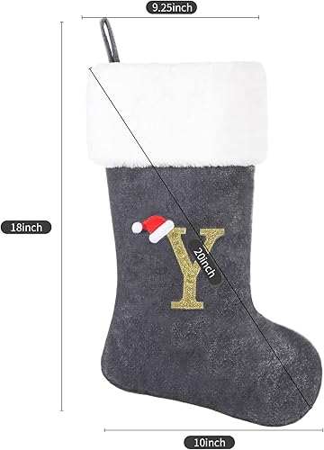 Miniatura 2 de Calcetín de Navidad con monograma de 20 pulgadas, cuerpo de terciopelo gris de lujo con puño de felpa súper suave letra bordada (A)