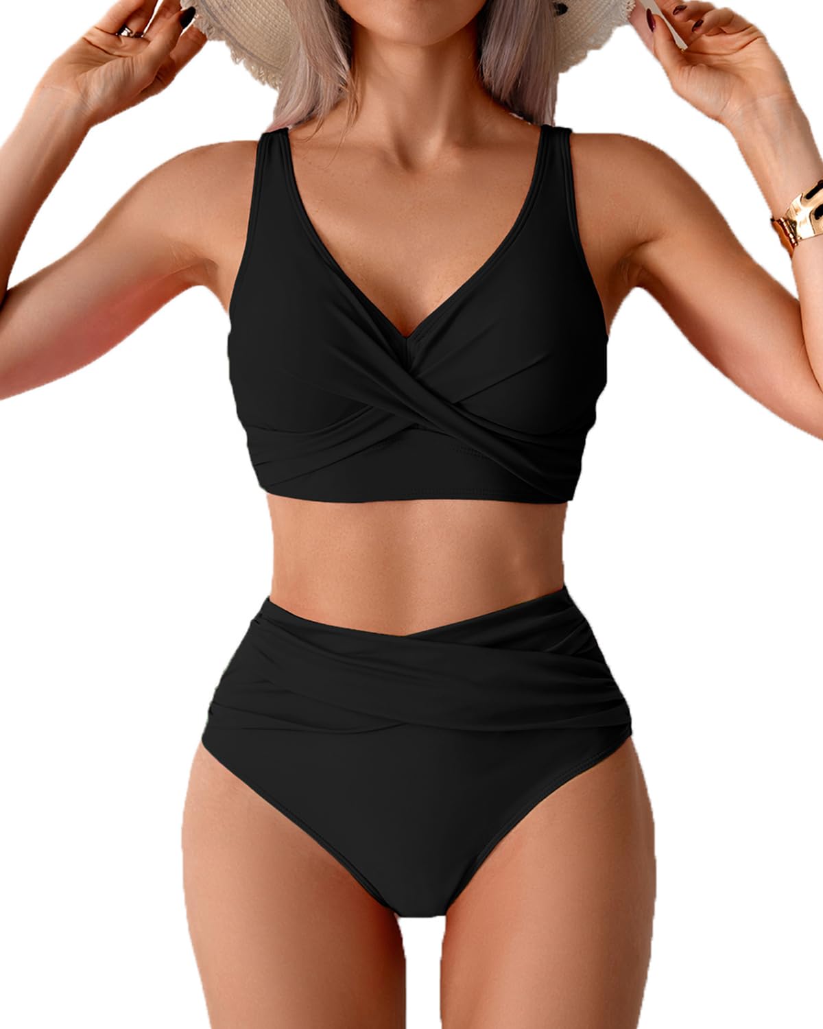 Photo 1 of Fanuerg Women High Waisted Bikini Sets V Neck Cross Twist Front Two Piece Swimsuit Tummy Control Bathing Suit Black XXL