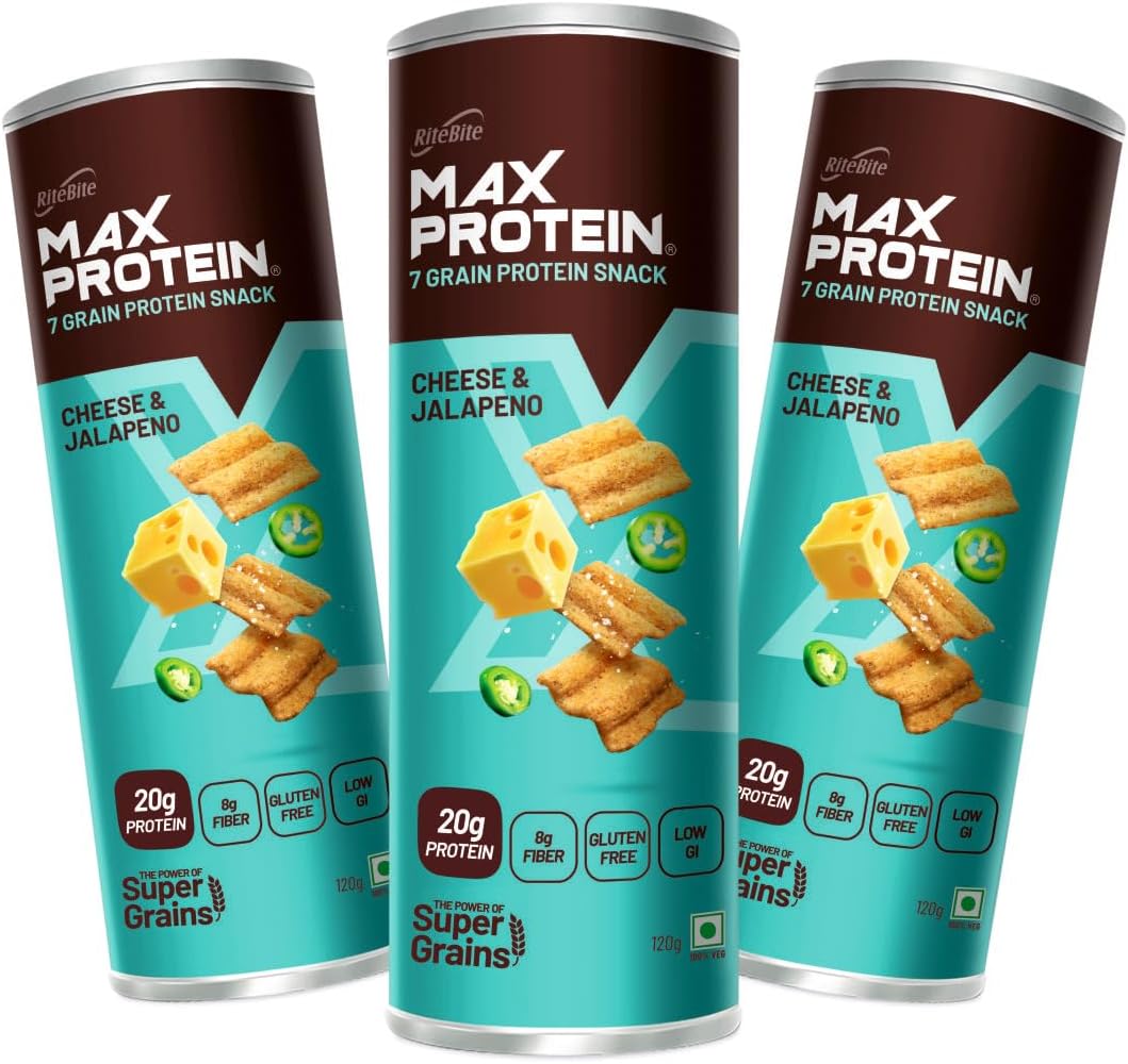 RiteBite Max Protein Cheese & Jalapeno Protein Chips with 20 Grams Protein, 8 Grams Fiber | Gluten Free, Low GI, No Cholesterol & Trans Fat 7 Grain Protein Snack, 120 Grams (Pack of 3)