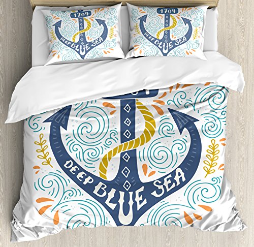 Ambesonne Nautical Duvet Cover Set, Colorful Anchor Letters Deep Blue
