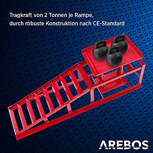 Arebos 2X Auffahrrampe mit hydraulischem Wagenheber | XXL PKW Hebebühne KFZ Rampe 257 mm Auffahrbreite | Auffahrbock Hebeplattform mit Sicherheits-/ Überdruckventil | Höhenverstellbar 2 T | Rot