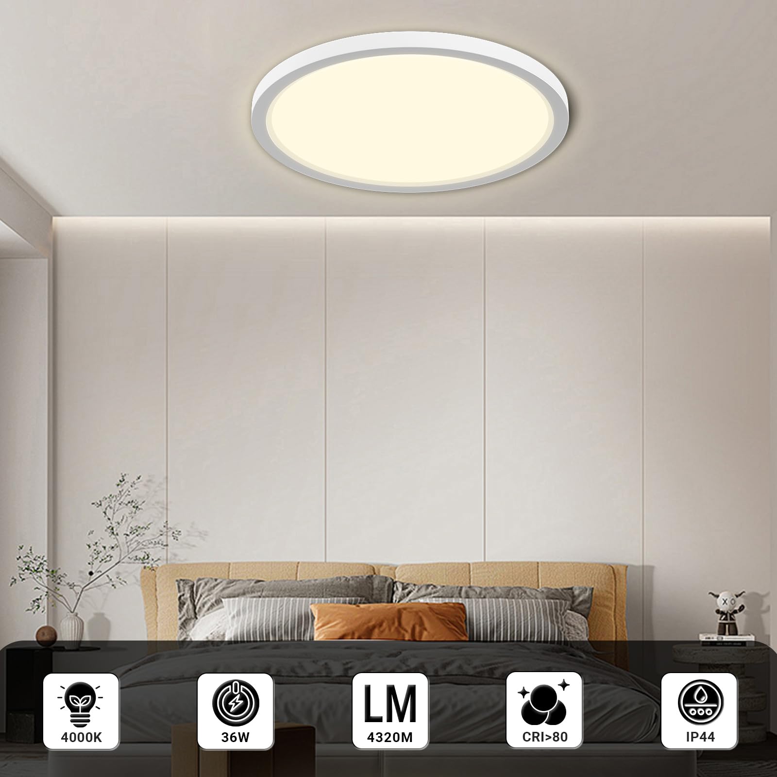 LQWELL® LED Plafoniera, IP44 Impermeabile Lampada da Bagno Rotonda Piatta 36W 4000K 4320LM Moderna Lampada Semplice Sottile per Soggiorno Camera da Letto Cucina Seminterrato Ufficio, 400 * 24mm