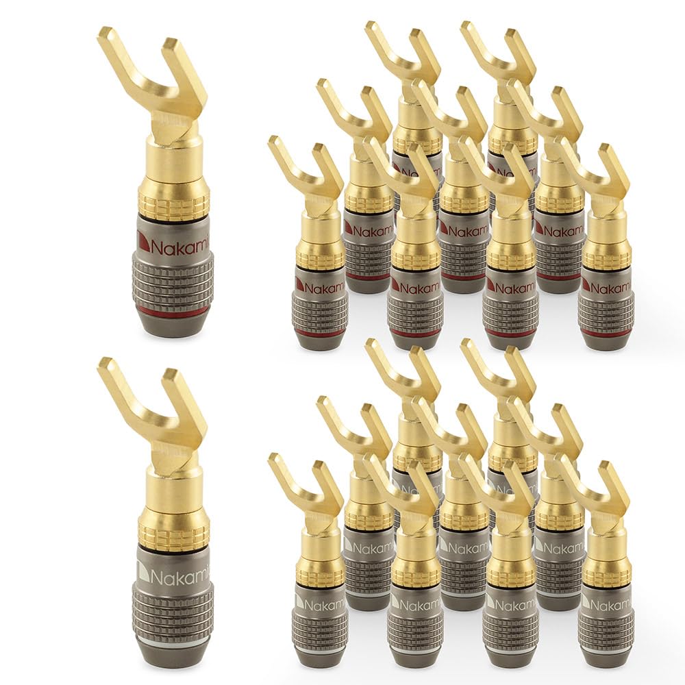 Nakamichi FanLock 24K Conector de horquilla kontakt chapado en oro 10 AWG - 18 AWG, calibre 4mm para Altavoces Amplificador AV Estéreo Teatro en Casa Cable de Audio Conector, 20 piezas (10 pares)