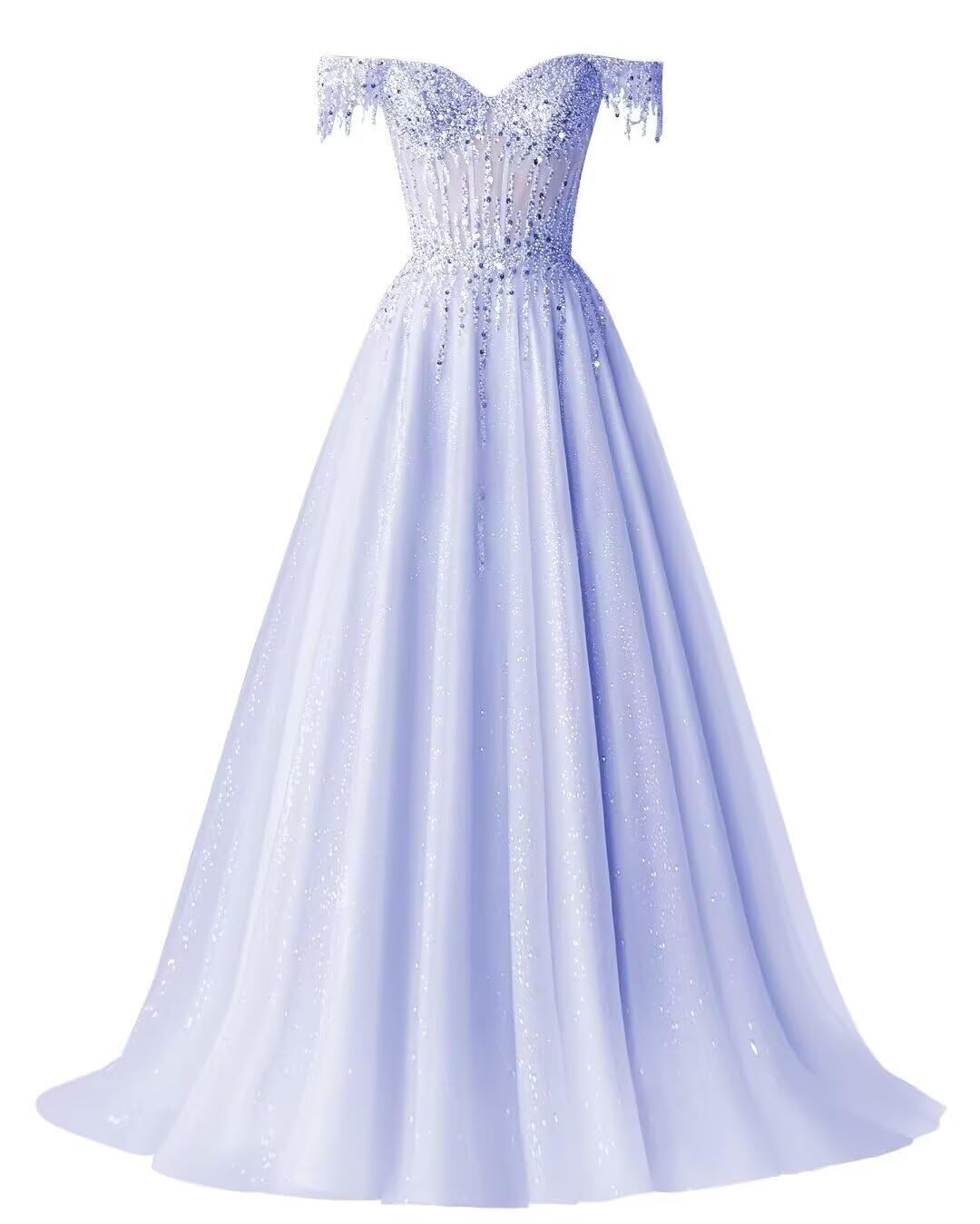 Rjer Beaded Tulle Prom Dresses Off Shoulder Sparkly Ball Gown Corset Wedding Party Gowns