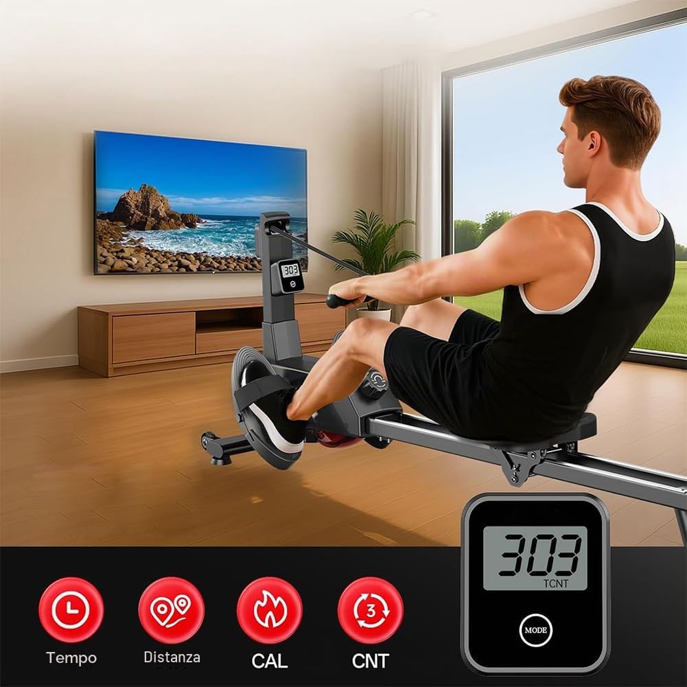 BAKAJI Vogatore Pieghevole con 8 Livelli di Resistenza e Sistema di Chiusura Salvaspazio e Spostamento con Rotelle Ergonomiche, Rematore Silenzioso da Palestra Fitness Home Gym per Cardio