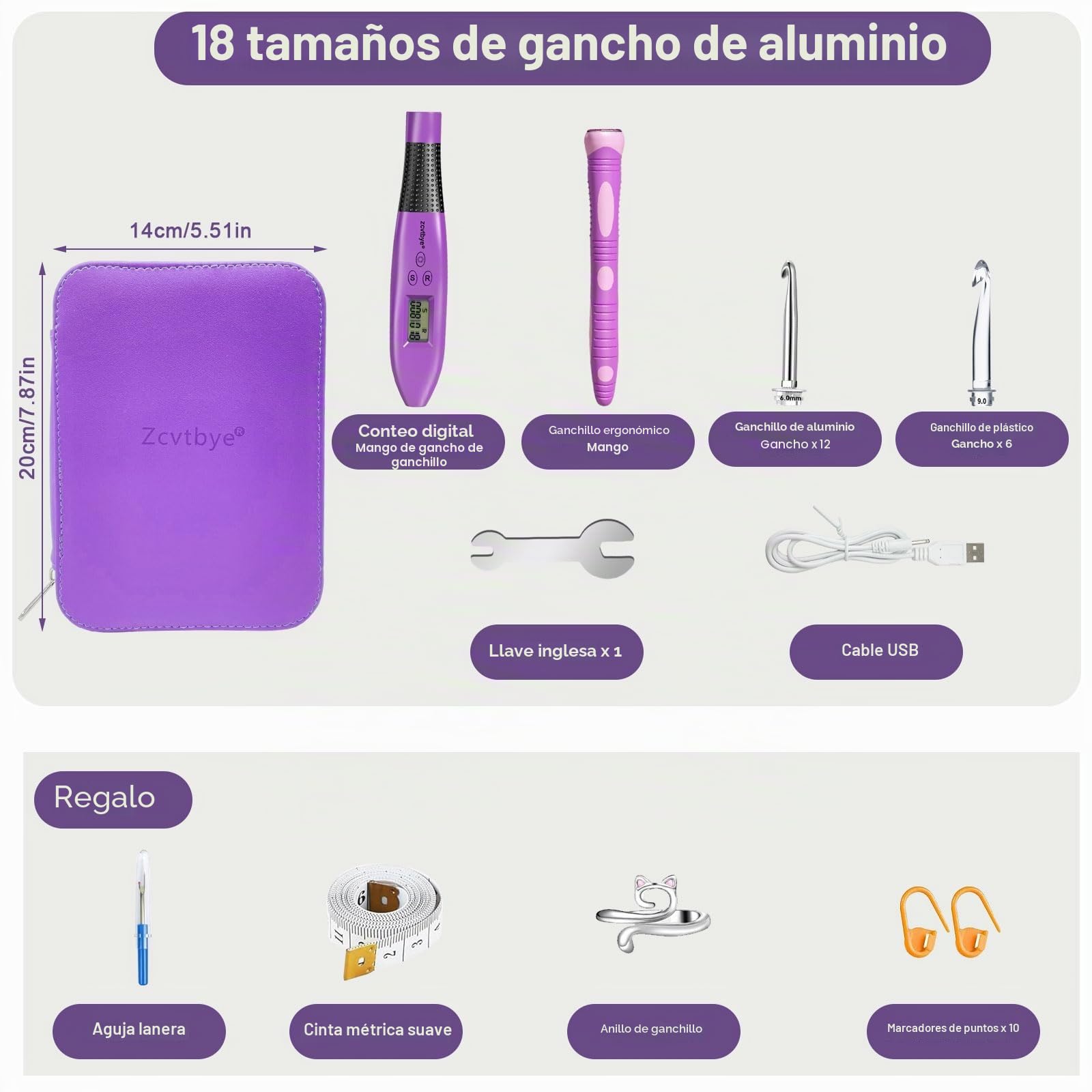 Juego de agujas de ganchillo 18 en 1 con luz LED y contador, 18 cabezales de gancho intercambiables (2.0-14.0 mm), incluye marcadores de puntada, aguja de hilo, regla, dedal y llave inglesa, mango