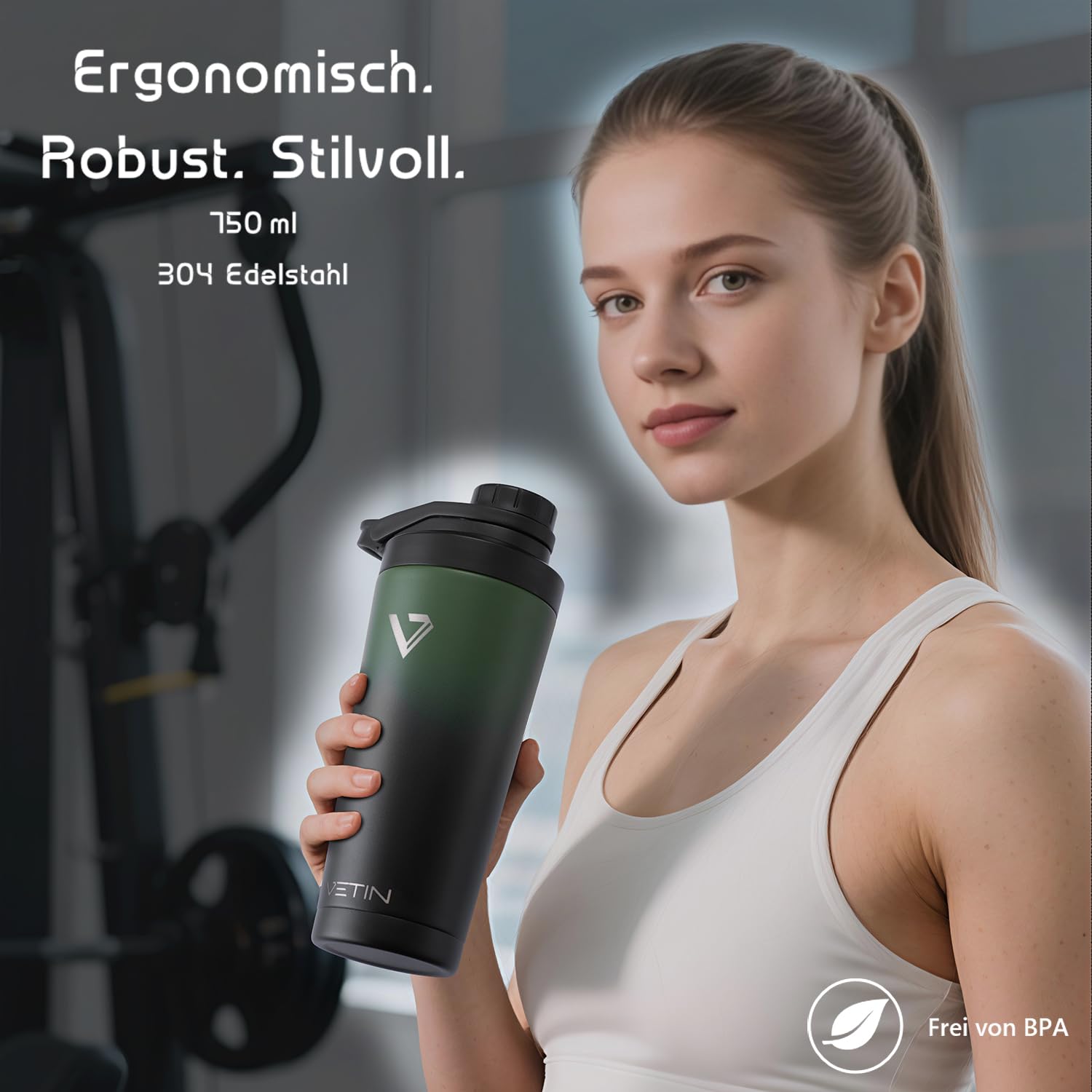 VETIN Thermo Protein Shaker, Proteinshake Edelstahl 750 ml | Doppelwandige Isolierung, Integrierte Messskala, Auslaufsicher, Abnehmbares Deckel-Sieb, für Fitnessstudio oder Outdoor-Sport