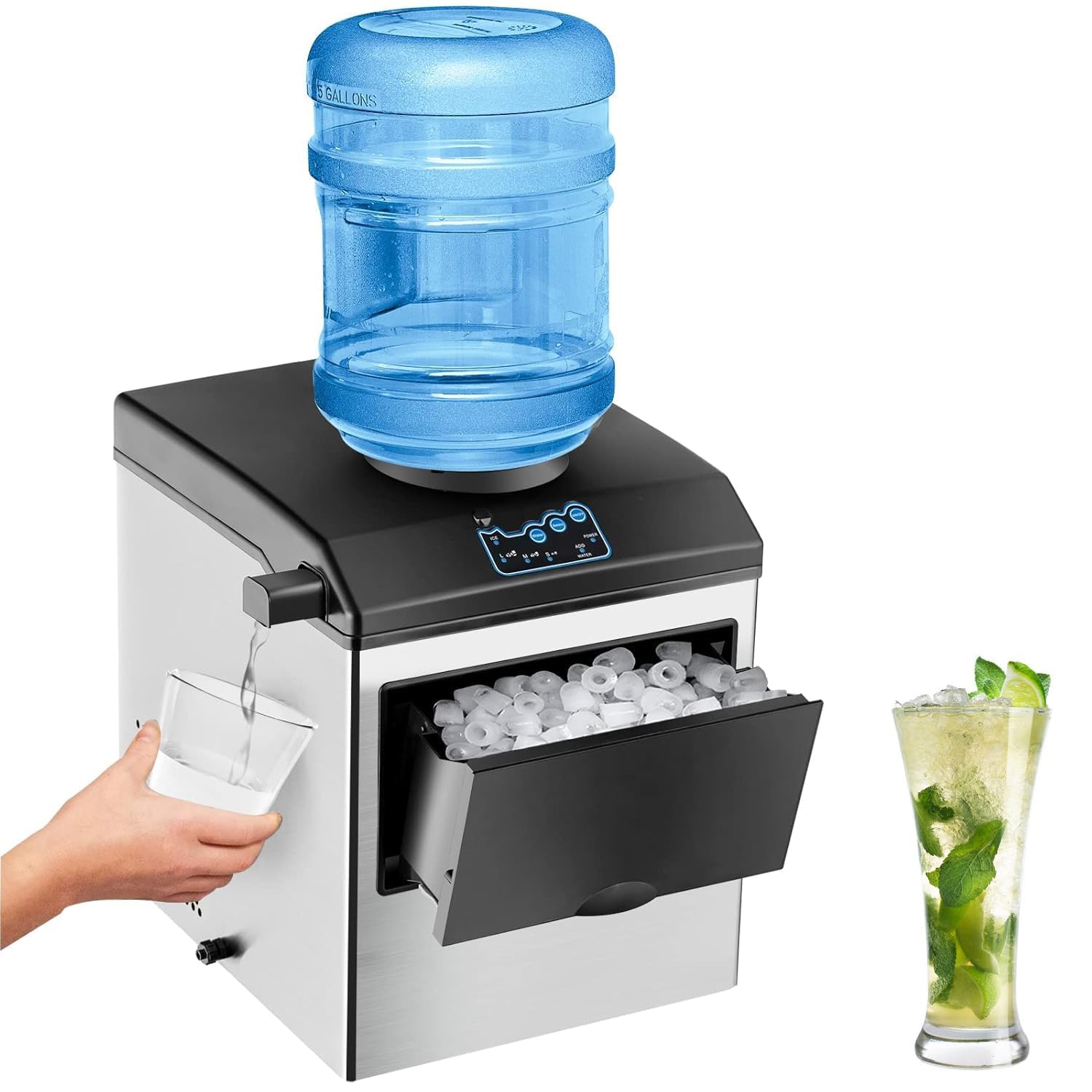 Máquina De Hielo Con Dispensador De Agua Fría, 48 Libras/24 Horas De Producción De Cubitos De Hielo, 12 Cubitos De Hielo Grandes En 8-10 Minutos, Incluye Pala Y Cesta De Almacenamiento.