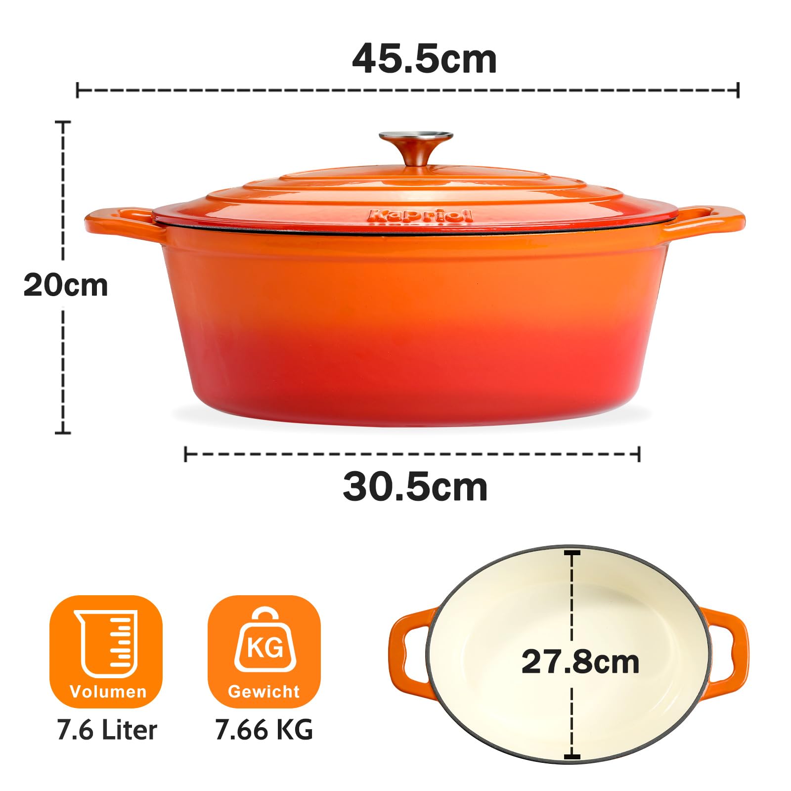 Żeliwny garnek do pieczenia z pokrywką, owalny garnek żeliwny 7,6 l, emaliowany, duży garnek do duszenia z pokrywką, do wszystkich rodzajów kuchenek indukcyjnych (pomarańczowy)