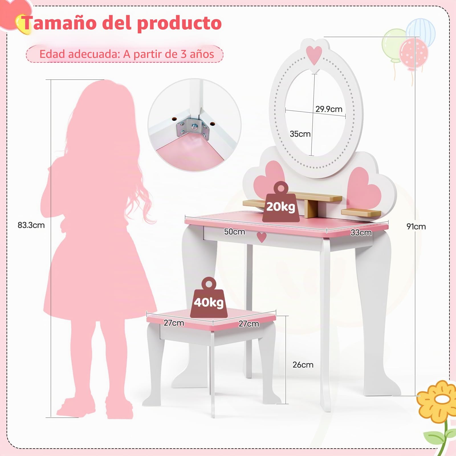 MAMIZO Tocador Infantil con Espejo Extraíble, Mesa de Maquillaje Niños