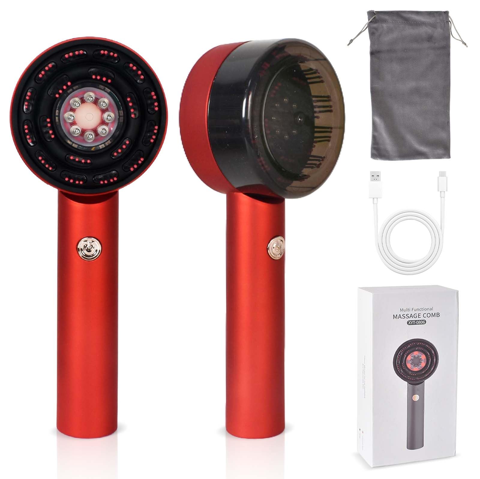 Pettine Massaggiante Elettrico, Spazzola Massaggiante Cuoio Capelluto, Applicatore Elettrico per Olio, Spazzola Elettrica, Massaggiatore Cuoio Capelluto, Regolabile in 3 Livelli (Rosso)