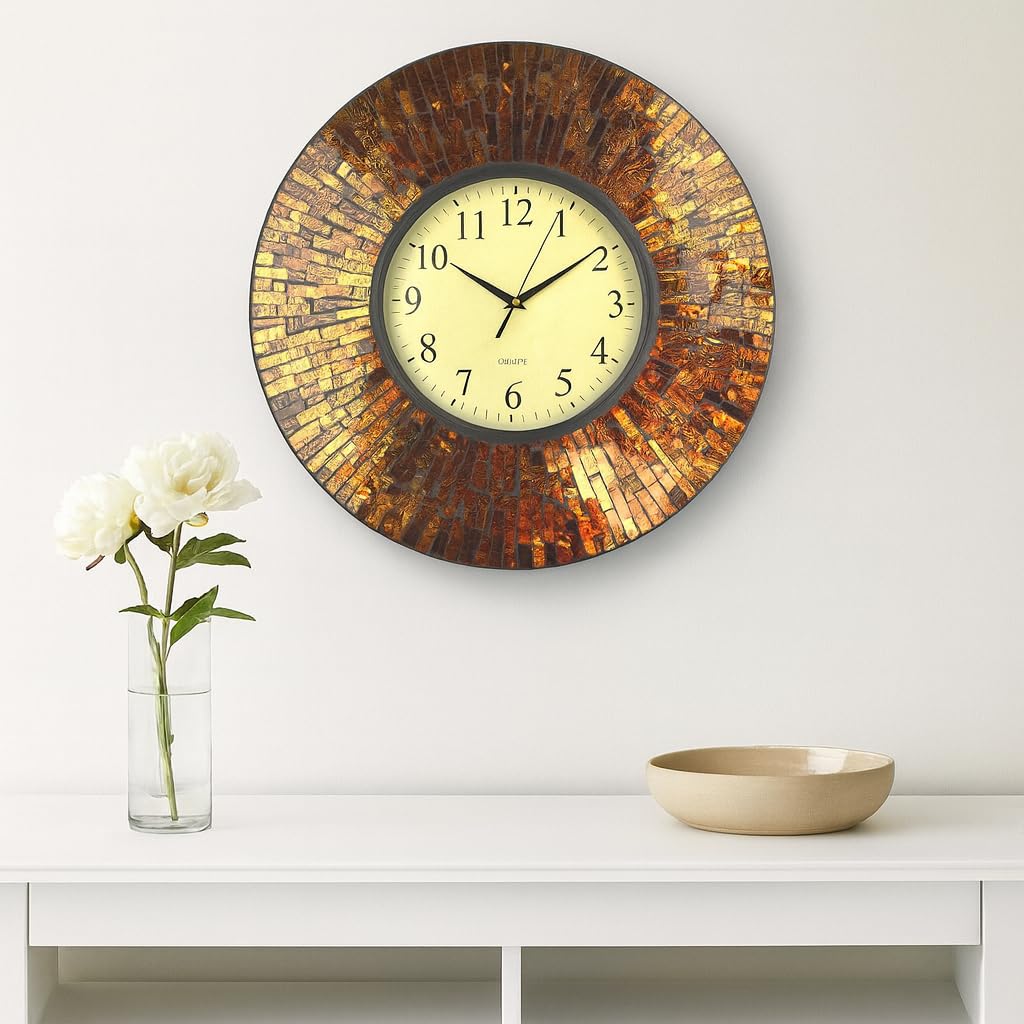 Lulu Decor (LP72) -, 48cm Baltic Amber Mosaic Wall Clock, Brown Arabic Glass Dial, 11cm Mosaic Border, Dial 23cm, Silent Non-ticking Quartz, Perfect for Housewarming Gift (LP72)