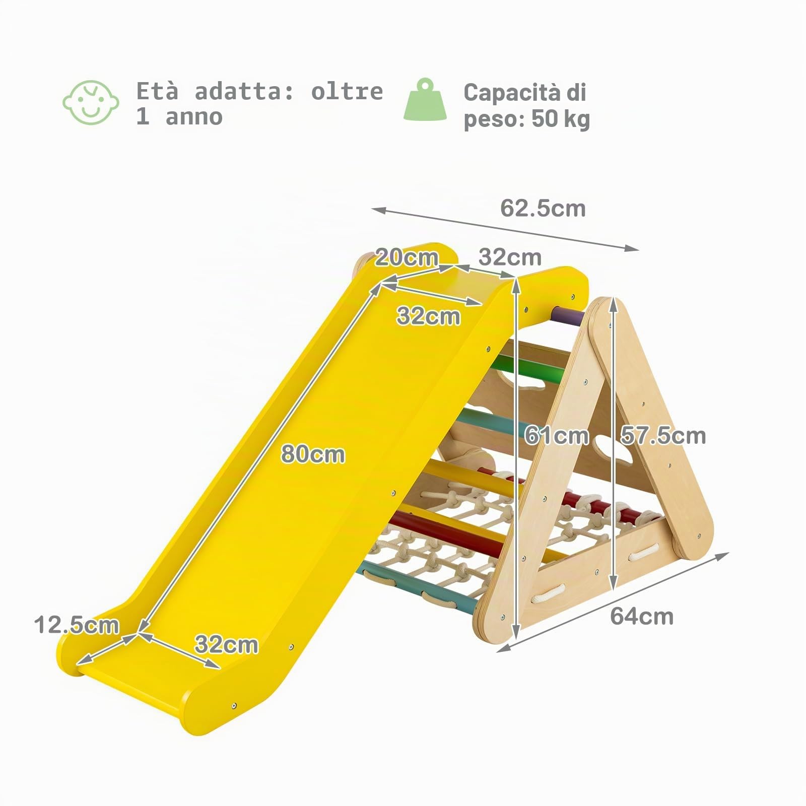 LIFEZEAL 4 in 1 Triangolo di Arrampicata in Legno con Scivolo e Rete, Giocattoli Balance Psicomotricità, Bimbi, Giochi Montessori con Carico 50 kg per Bambini 1 + Anni (multicolore)