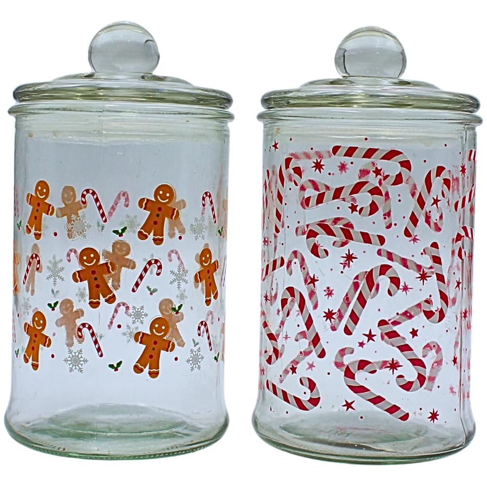 Barattolo per aromi, contenitore in vetro con motivo natalizio, per biscotti con pan di zenzero e bastoncini di zucchero, altezza 19 x 10 cm, capacità 600 ml per bicchiere, contenuto della confezione: