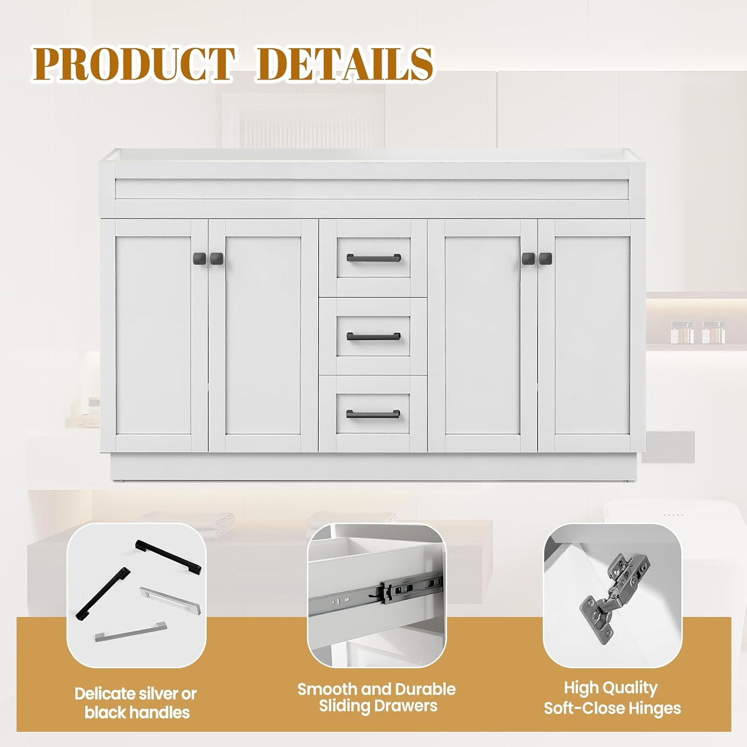 60 Inch Bathroom Vanity Cabinet Only, Freestanding Bathroom Storage Cabinet with 4 Soft-Close Doors & 3 Drawers, Quick Assembly Vanity Base Cabinet, No Sink Included, White