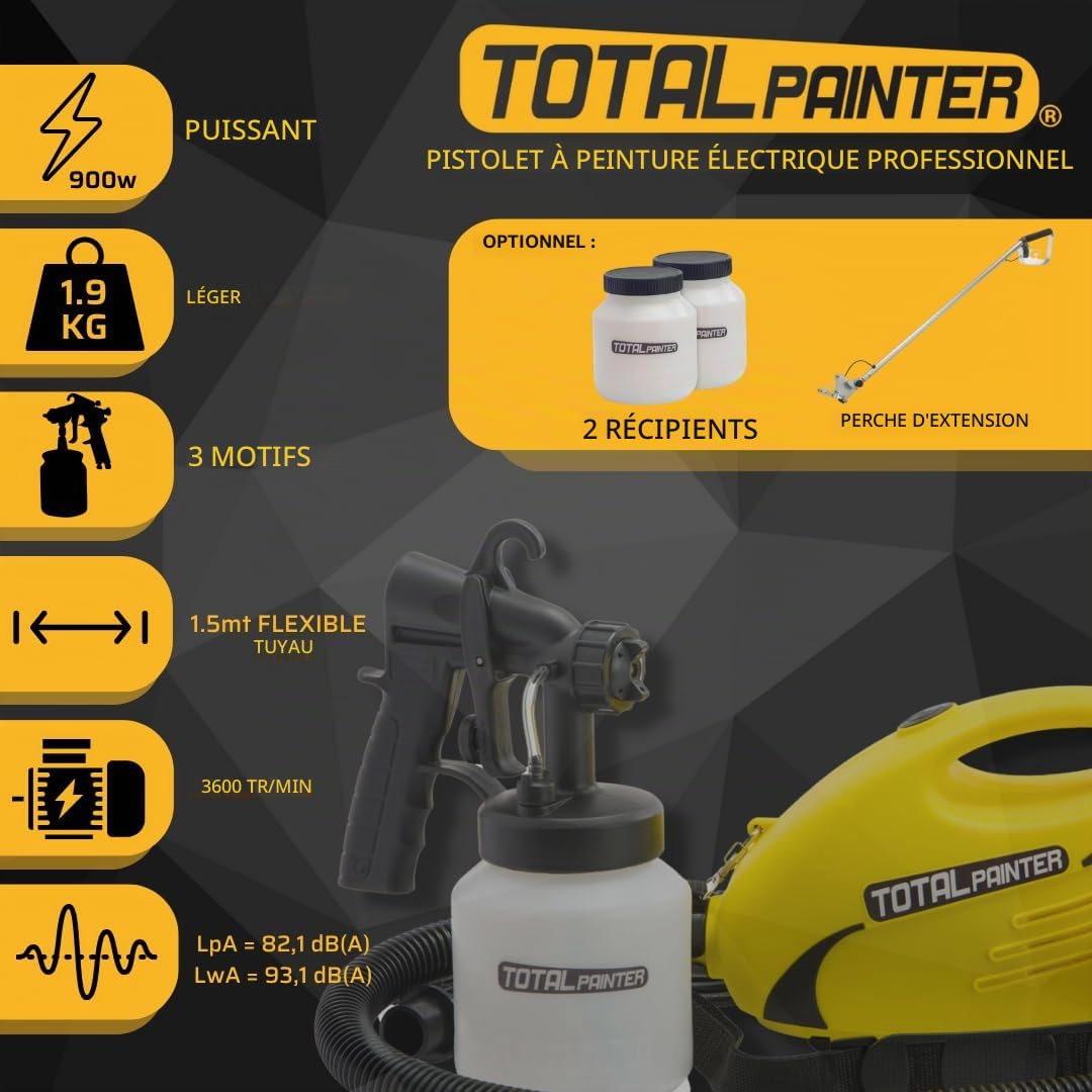 Pistolet à Peinture Professionnel Total Painter, 900W-3600rpm, comme vu à la TV, Puissant, Facile à manier et Idéal pour Toutes Les Surfaces