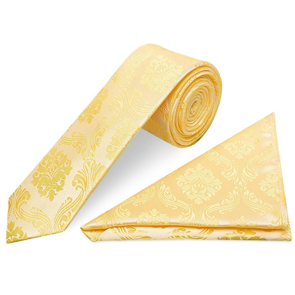 Ties R Us Men's Gold Paisley Skinny Tie And Handkerchief Set
