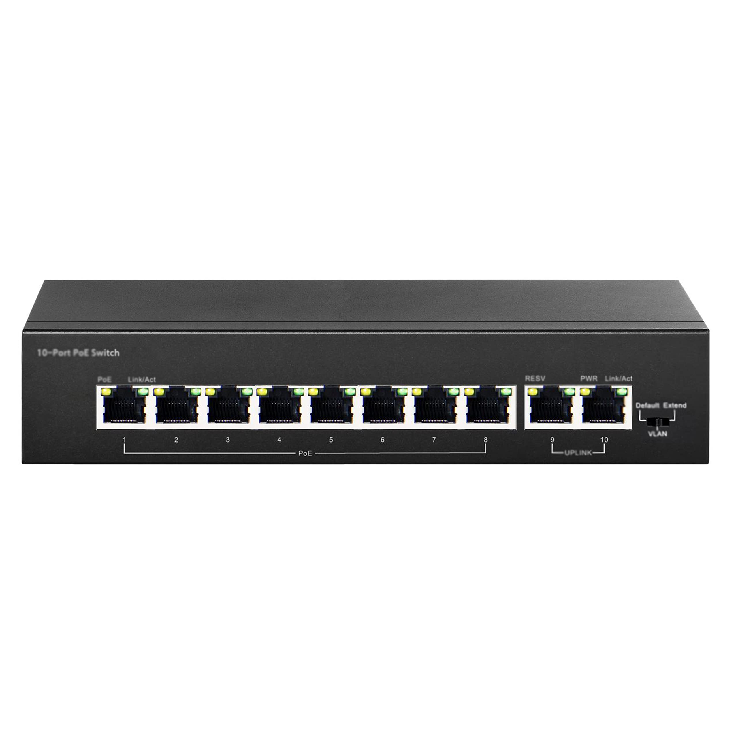 Przełącznik PoE, 8-portowy 100 Mb/s z 2 Uplinkami, 96 W dla wszystkich portów PoE, rozszerzenie AI do 250 m, Plug and Play z Hikvision, idealny do nadzoru IP i punktu dostępu, uchwyt na biurku/ścianie