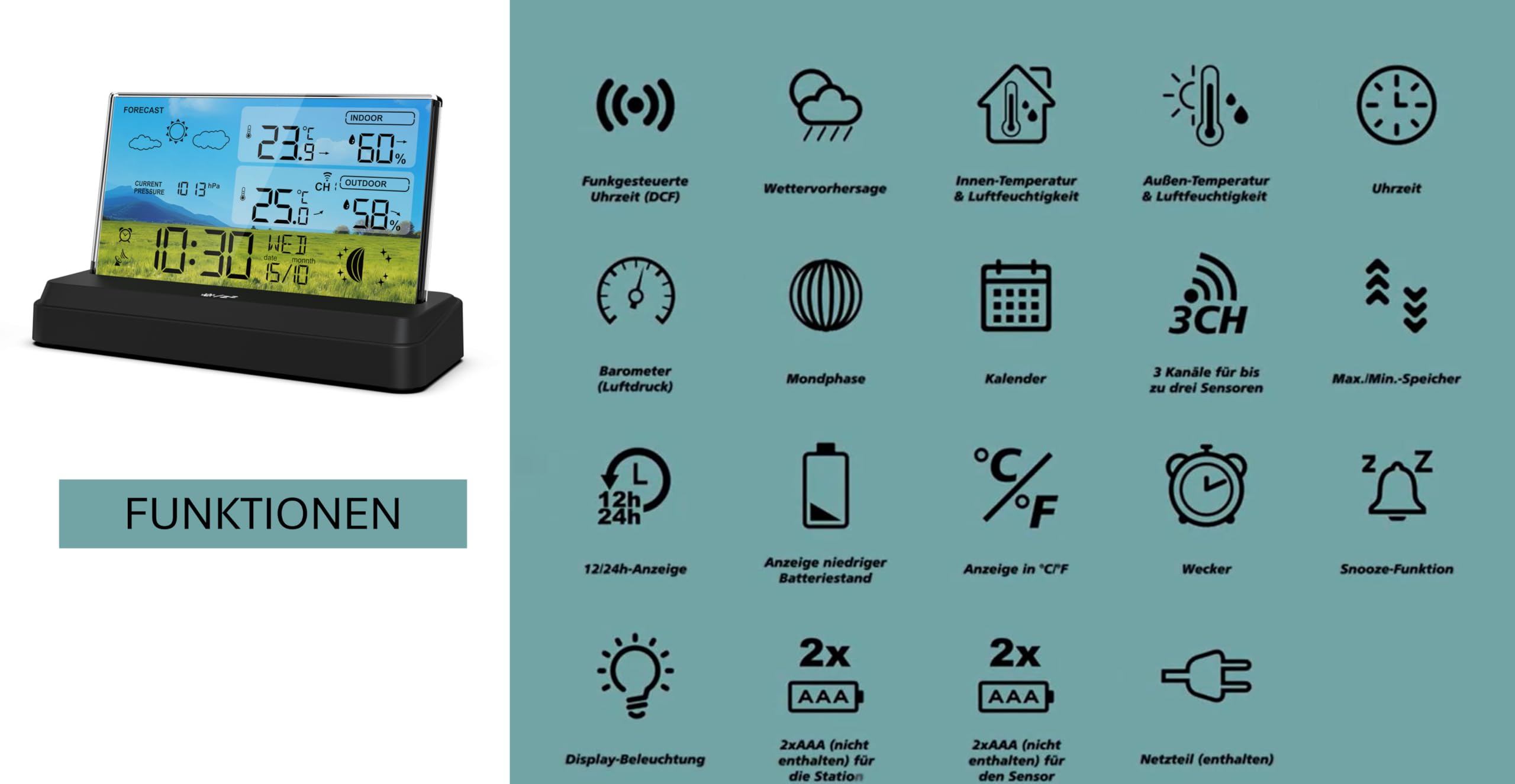 SOUCCESS FUNK-WETTERSTATION "DELUXE NEO" - FARBIGE WETTERSTATION MIT FUNKUHR, WETTERDATEN, AUSSENSENSOR, MONDPHASE, TEMPERATUR, LUFTDRUCK, NETZTEIL
