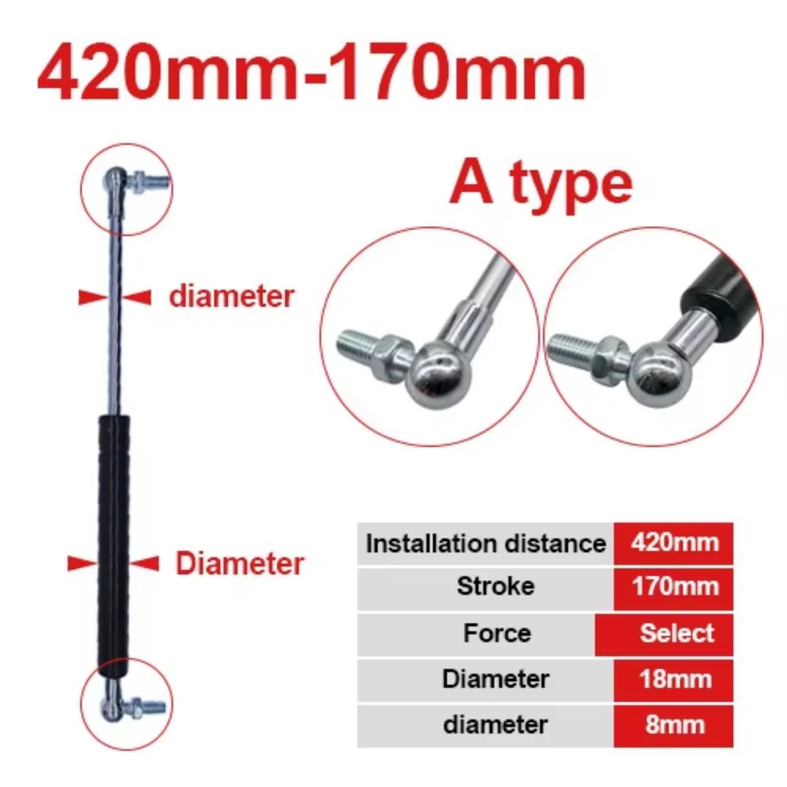 Pistoni Portellone A Molla A Gas Da 2 Pezzi 18 * 8 50-500N Per Forza Sollevamento Supporto Foro Distanza Centrale 420-550mm Distanza 170-230mm Molle a gas posteriore(420-170-400N)