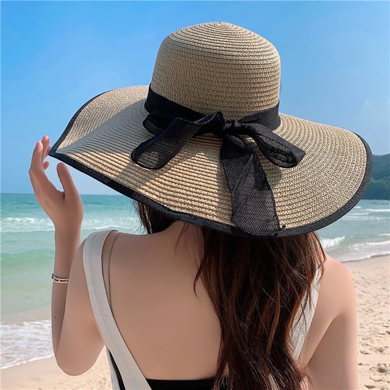 Womens Wide Brim Floppy Beach Hat UPF 50+ Foldable Straw Sun Hat with Black Ribbon for Summer Travel Outdoor Activities - Image 6