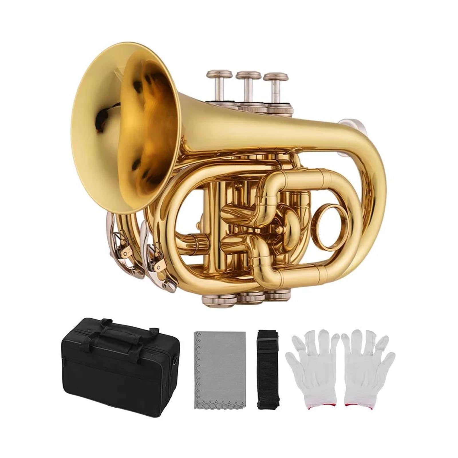 Profesjonalna Trąbka Trąbka Kieszonkowa Bb, Płaski Instrument Dęty Z Mosiądzu Z Ustnikiem, Futerał Do Przenoszenia Akcesoriów (Color : Gold)