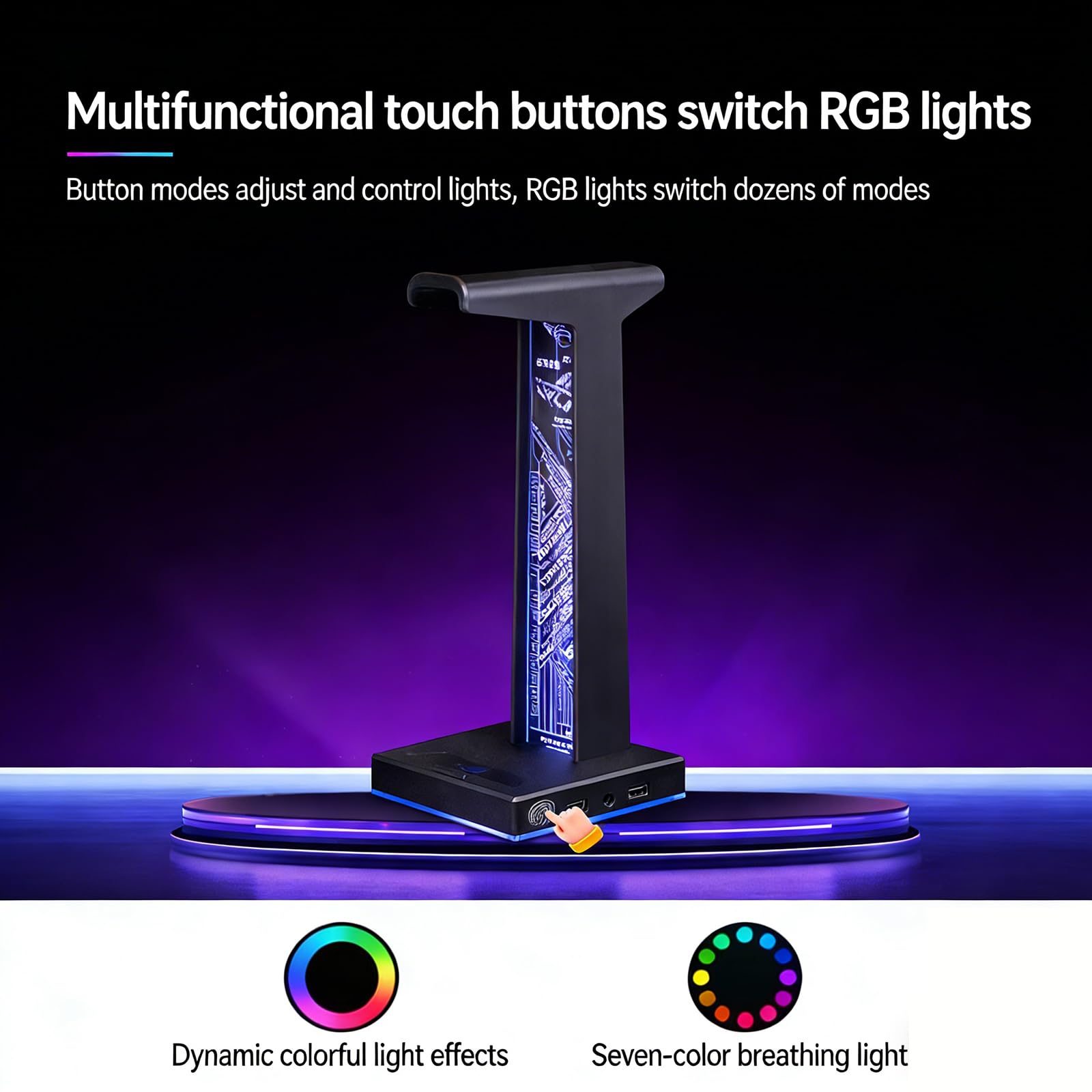 Support de casque de jeu avec éclairage RVB, support de casque LED avec 2 ports USB et ports audio de 3,5 mm, 10 modes d'éclairage pour tous les écouteurs