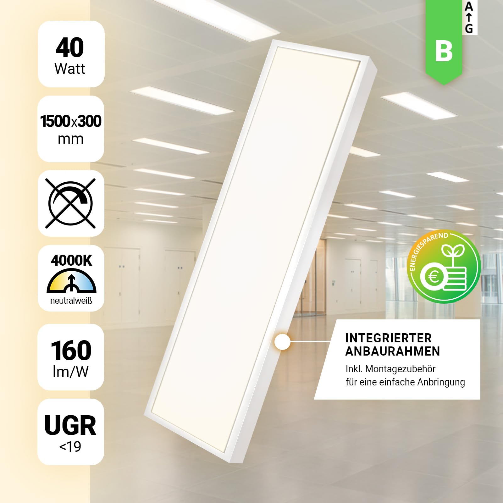 LED Anbaupanel 150x30 cm 4000K UGR19 40W integr. Alu Aufbaurahmen Deckenleuchte Aufputz Rasteranbauleuchte Montagerahmen Aufbau Anbau 160lm/W