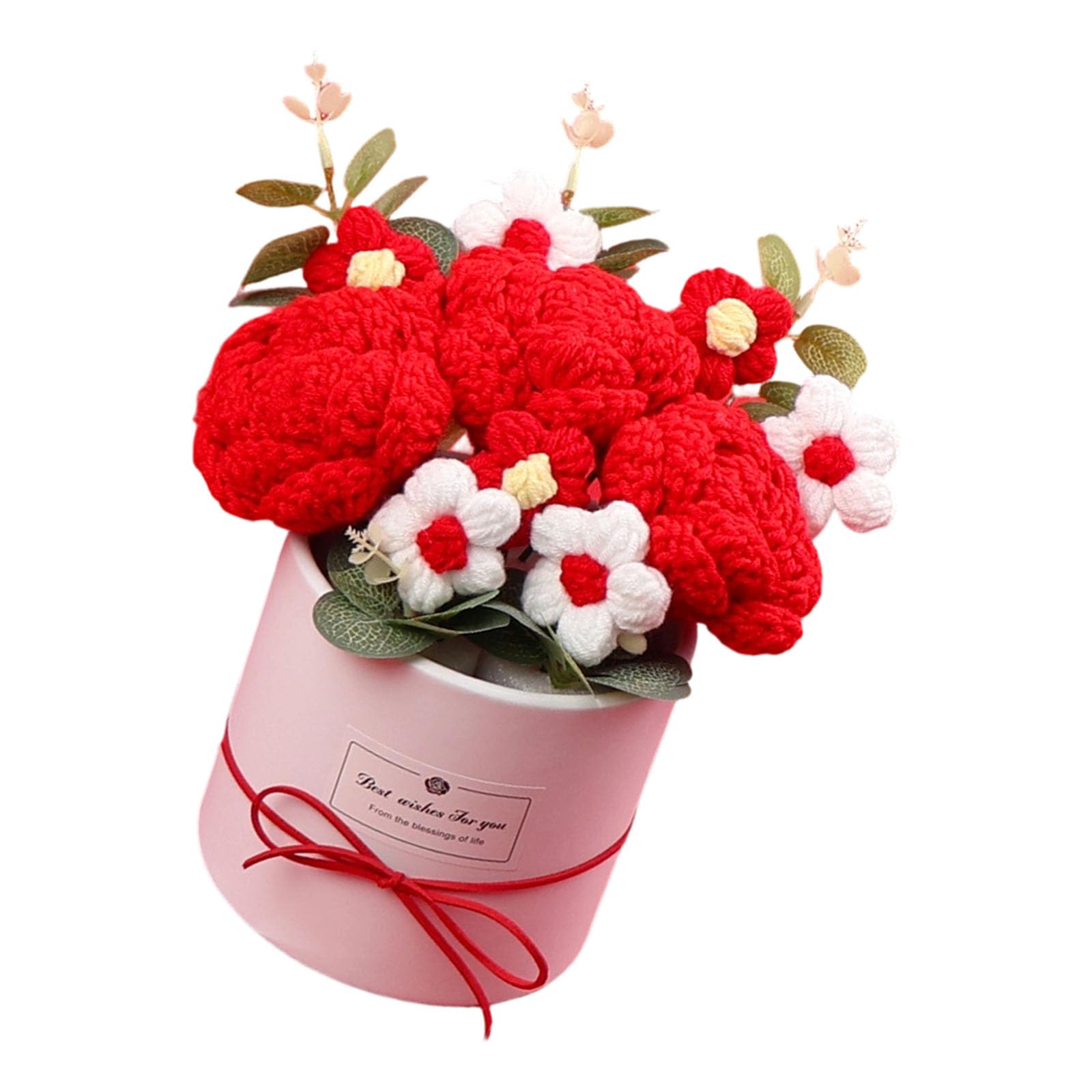 Xinsheinelry Woolen Rose Bouquets in Decorative Container for Teacher ' s Day Gifts and Bedroom Decoration Artificial Knitted Bouquets