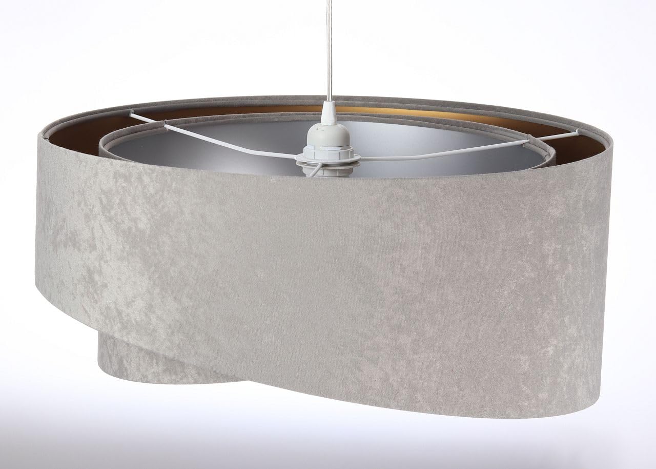 Licht-Erlebnisse Hängeleuchte E27 rund Ø 50 cm in Grau Gold Silber Stoff Velours Optik Doppelschirm Modern Hängelampe Wohnzimmer Schlafzimmer
