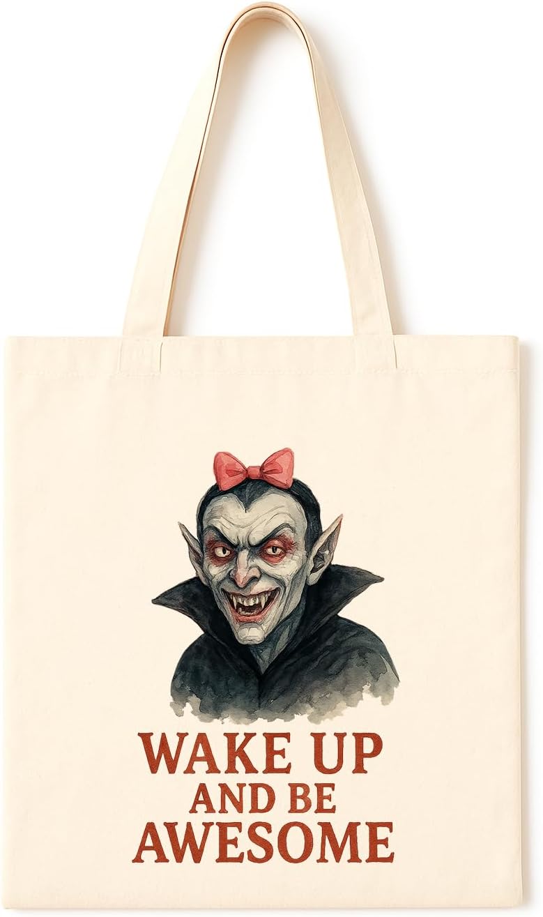 Vampire with Bow Tote Bag ~ Funny gothic tote with creepy-cute vampire illustration and morning quote, perfect for Halloween, horror fans, alternative style and sarcastic daily motivation
