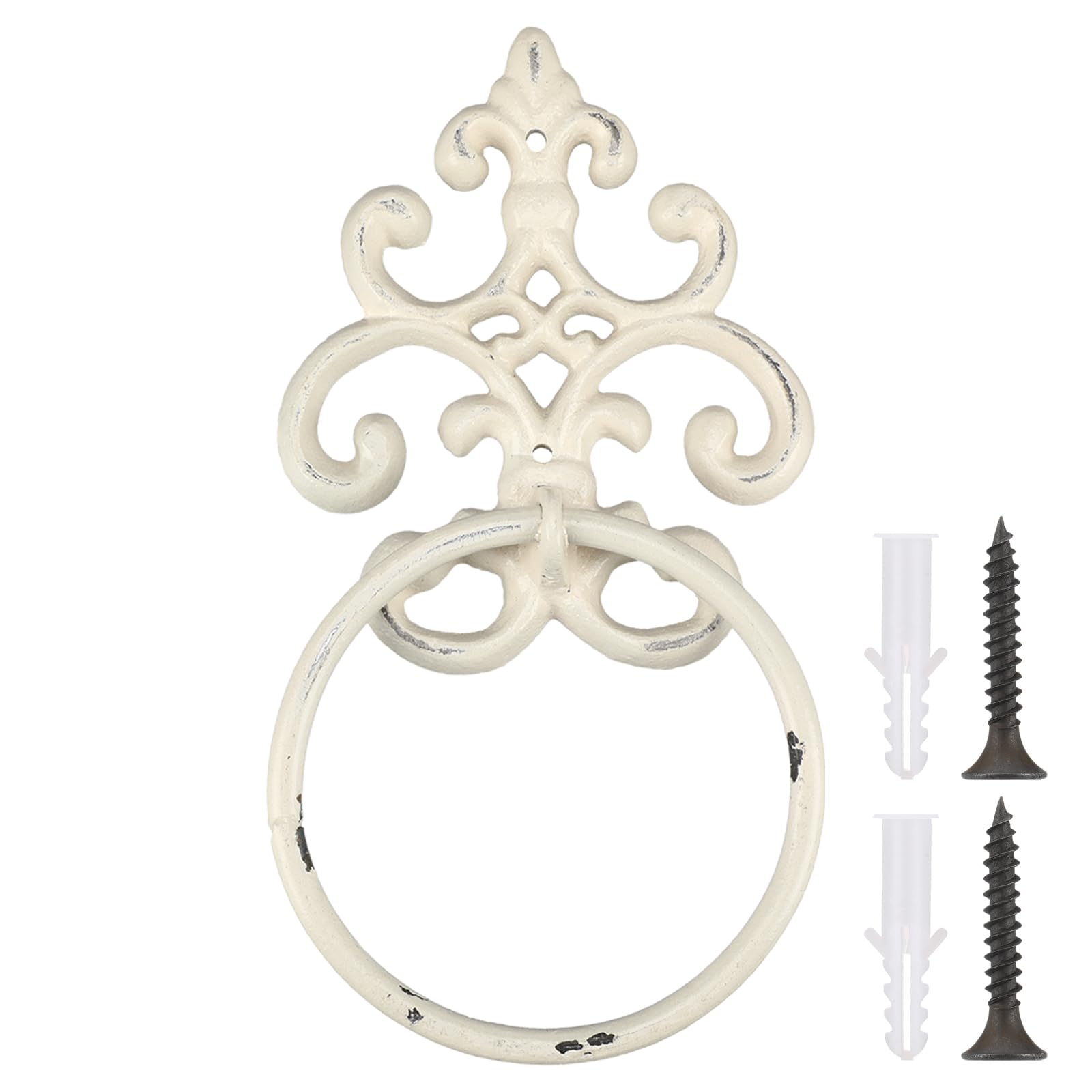 Otoolling 1 Pcs White Vintage Cast Iron Solid Towel Ring Fleur De Lis Design Antique Towel Holder for Bathroom Kitchen Accessories Wall Mounted Christmas Party Gifts