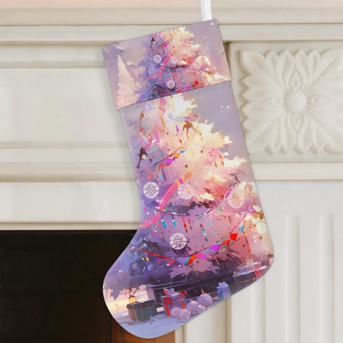 Christmas Stockings, 17.7in Christmas Tree Xmas Stocking Gift Treat Bags Oil Painting Tree Xmas Stocking Hanging Ornaments for Xmas Party Gift Filler Fireplace Christmas Tree Decoration