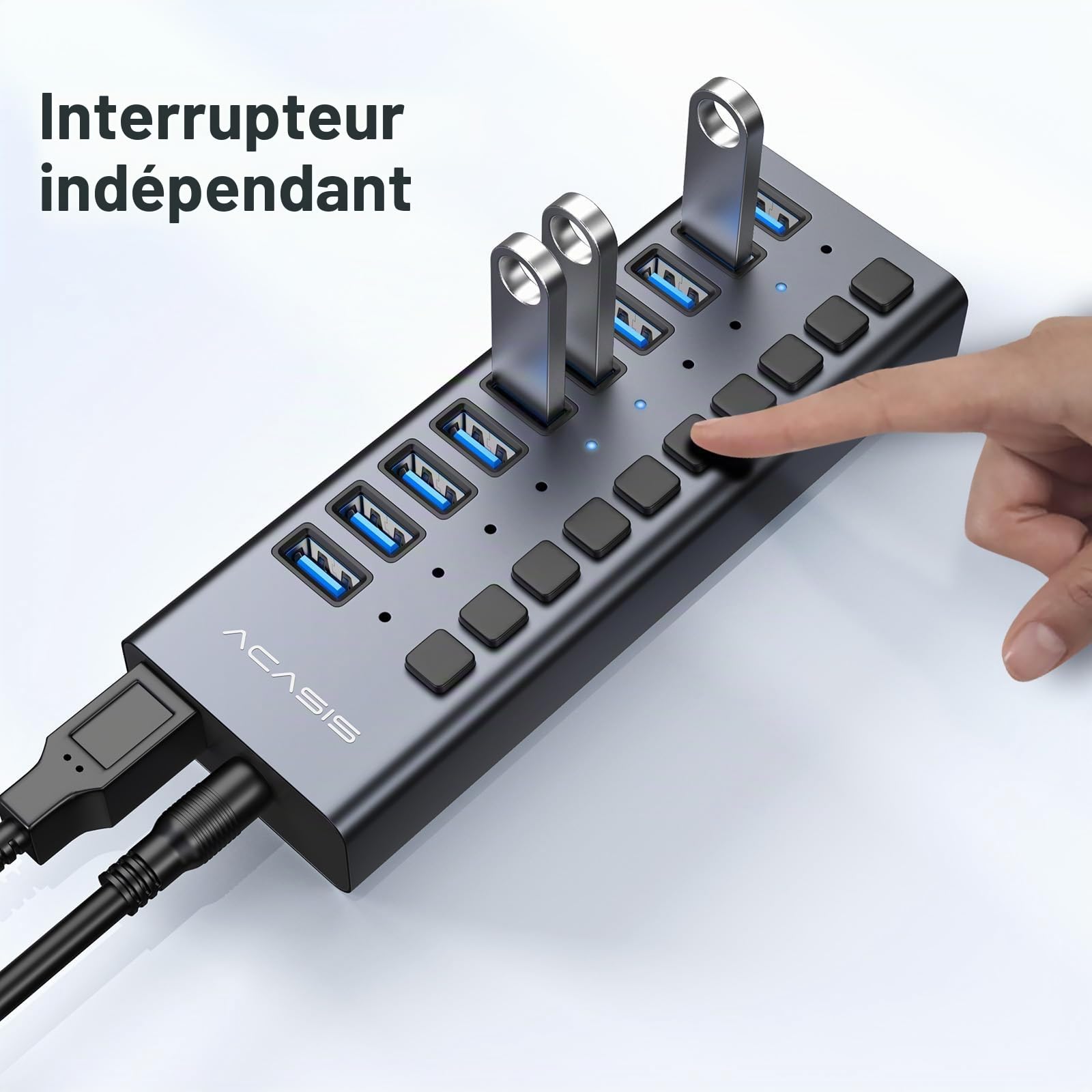 ACASIS Hub USB 3.2 10 Ports, 10Gbps avec Interrupteurs Individuels, 48W Alimentation