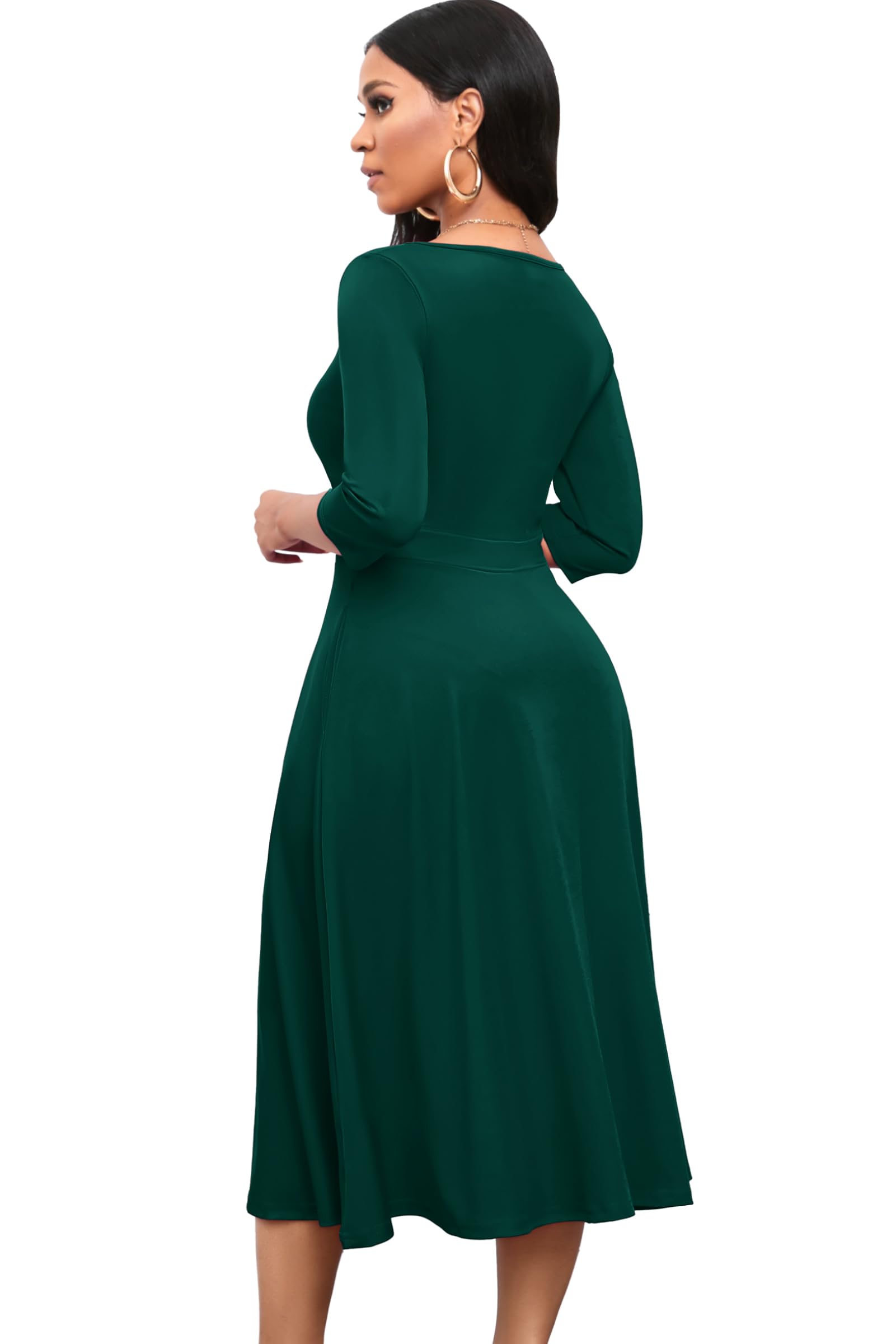 Nmoder Women's Casual Wrap Flared Midi Dress Wedding Guest Cocktail Tea Dresses A-Line Swing V-Neck 3/4 Sleeve