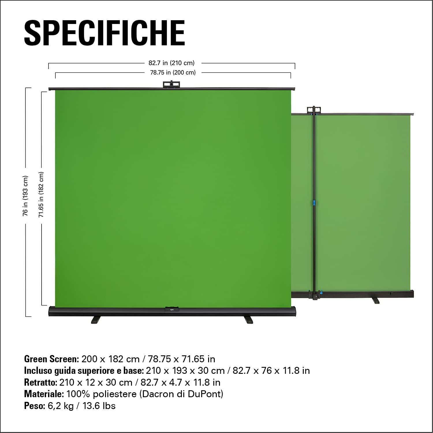 Elgato Green Screen XL - 2x1.82m pannello chroma key retrattile per streaming, videoconferenze, su Instagram, TikTok, Zoom, Teams, OBS